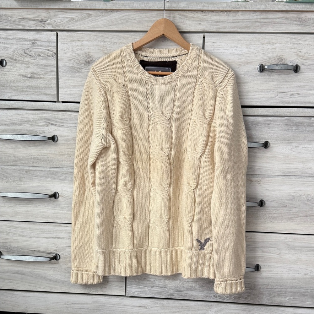 Vintage wool American Eagle Cream cable knit sweater with embroidered logo sz M - Picture 1 of 10